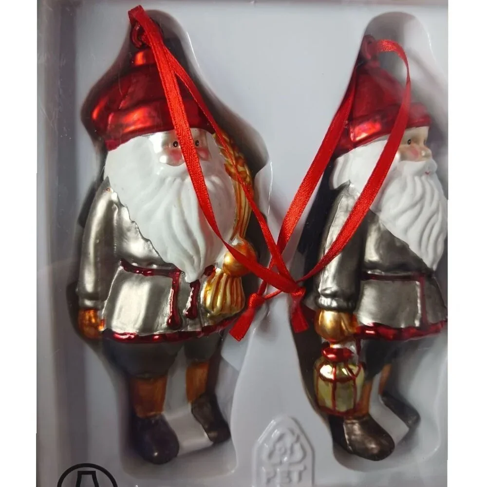 IKEA Glass Santa Claus Christmas Tree Ornaments With Red Ribbon Hangers 
